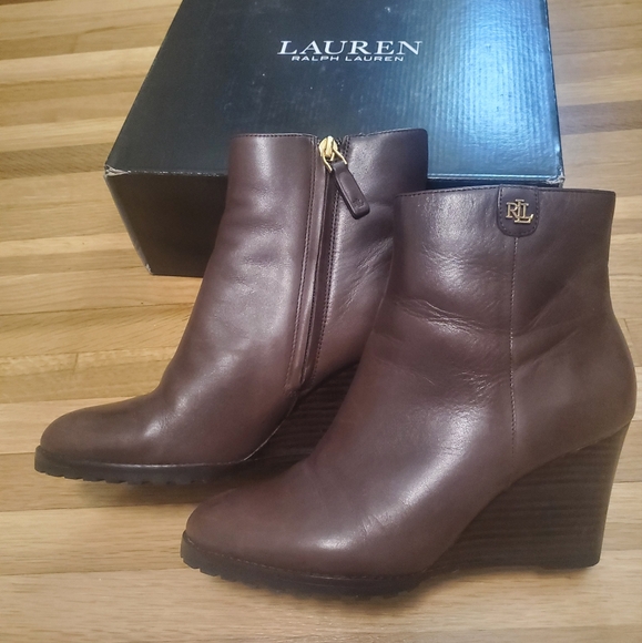 Ralph Lauren Shaley wedge booties espresso brown leather - Picture 2 of 8